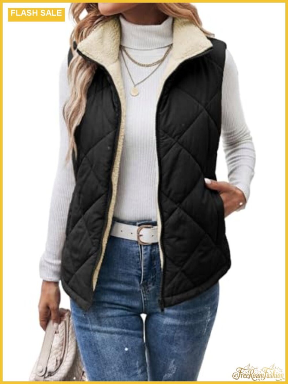 Sherpa Fleece Quilted Puffer Vest Zip Up Stand Collar